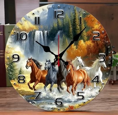 Ronde wandklok van hout Paarden bij de waterfall (25cm)
