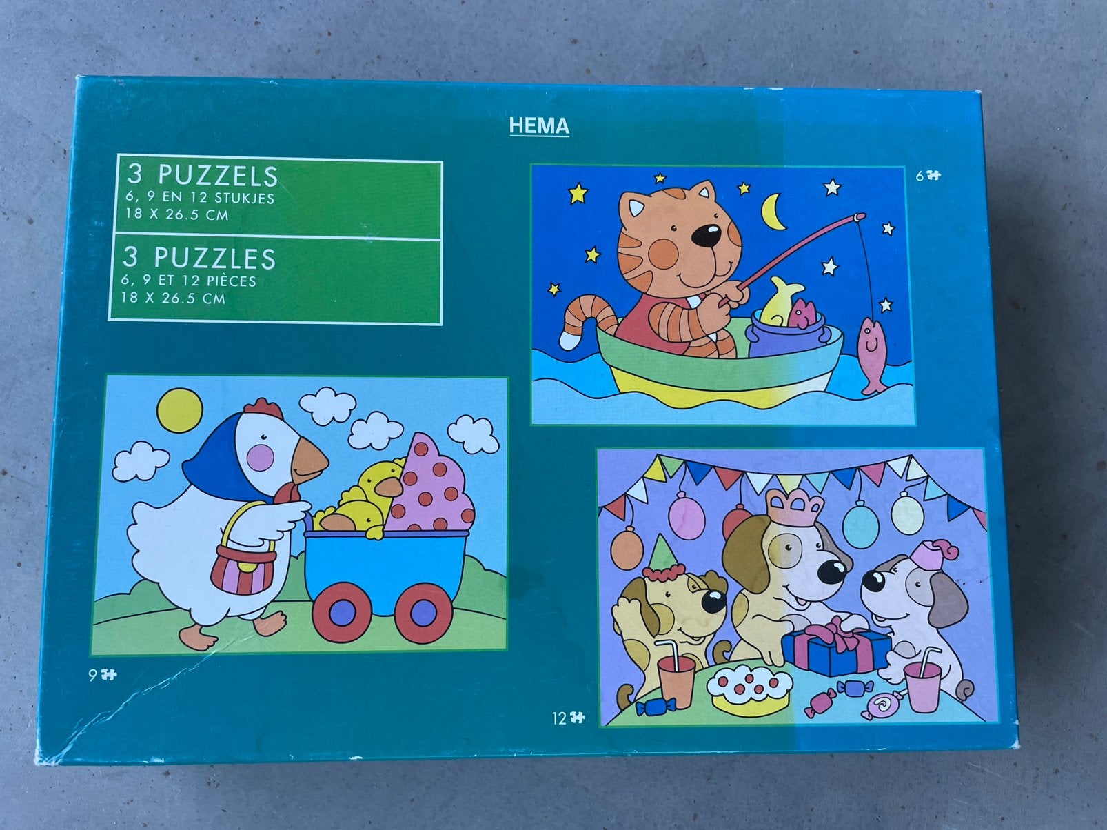 puzzel triple Hema 6, 9 en 12 stukjes, poes hond gans, Ophalen of Verzenden, Minder dan 10 stukjes, Gebruikt, 2 tot 4 jaar