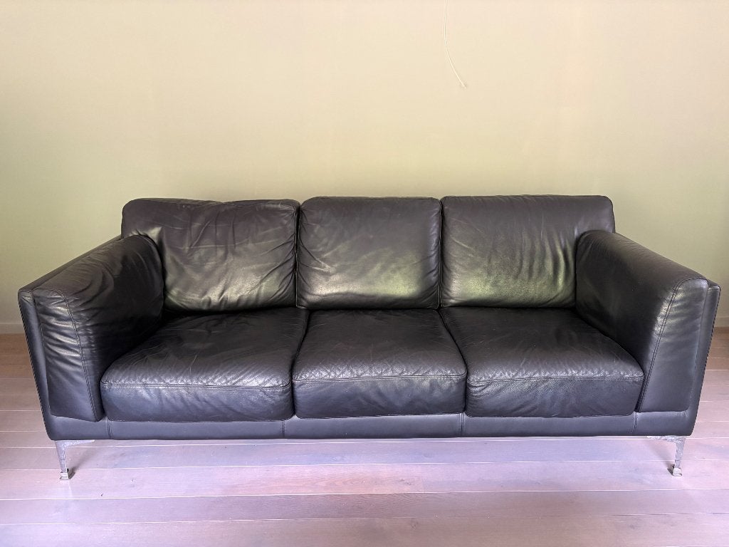 Zwart lederen Italiaans design 3-2 stel met poef, Ophalen, Gebruikt, 125 cm of meer, 75 tot 100 cm