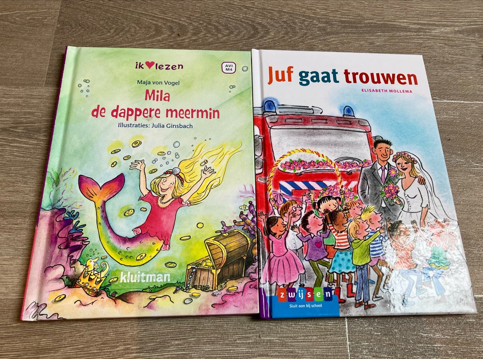 4 kinderboeken: Mila de meermin, Juf gaat trouwen, etc., Ophalen of Verzenden, Zo goed als nieuw, Fictie algemeen