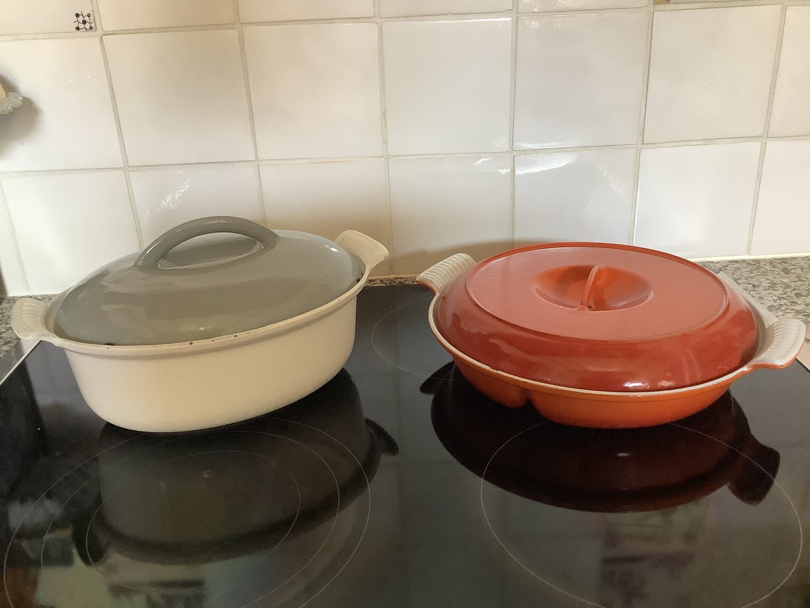 Dru gietijzeren/emaille pannen, Huis en Inrichting, Keuken | Potten en Pannen, Zo goed als nieuw, Gietijzer, Ophalen of Verzenden