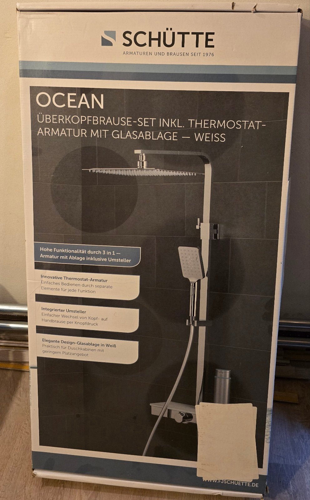 Schütte Ocean Douchesysteem met Thermostaatkraan Wit, Ophalen, Nieuw, Glas, Douche