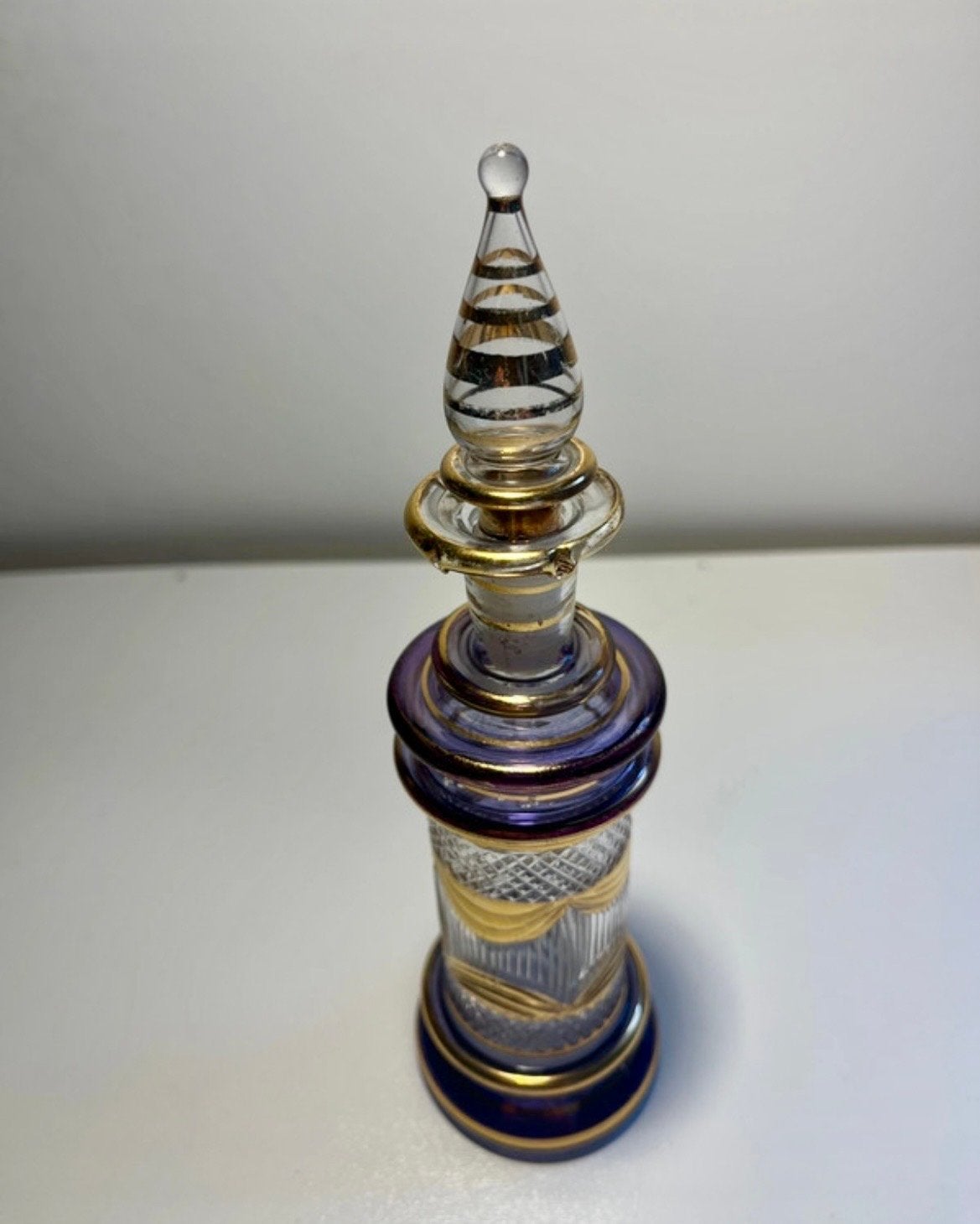 Vintage Parfumflesje - Blauw en Goud Glas, 20 cm, Ophalen of Verzenden