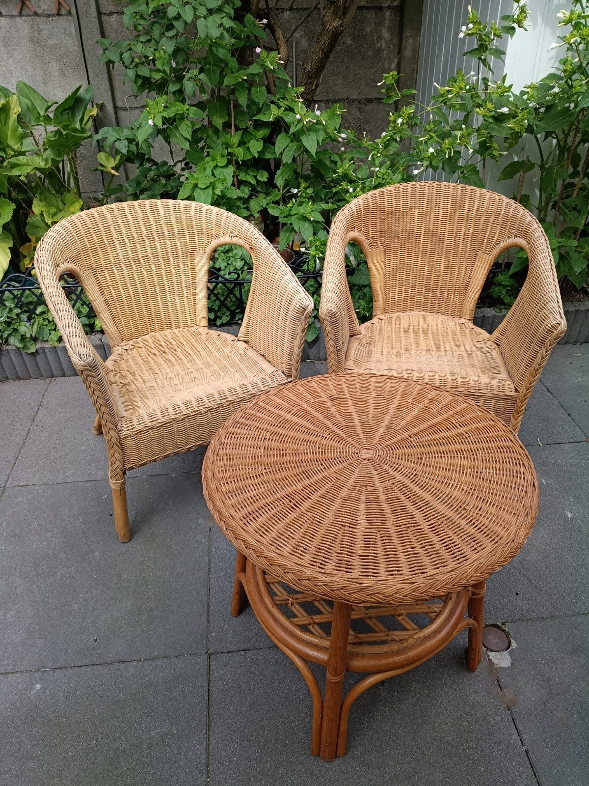 Rotan stoelen en bijzettafel set, Ophalen, Gebruikt, Twee, Bruin
