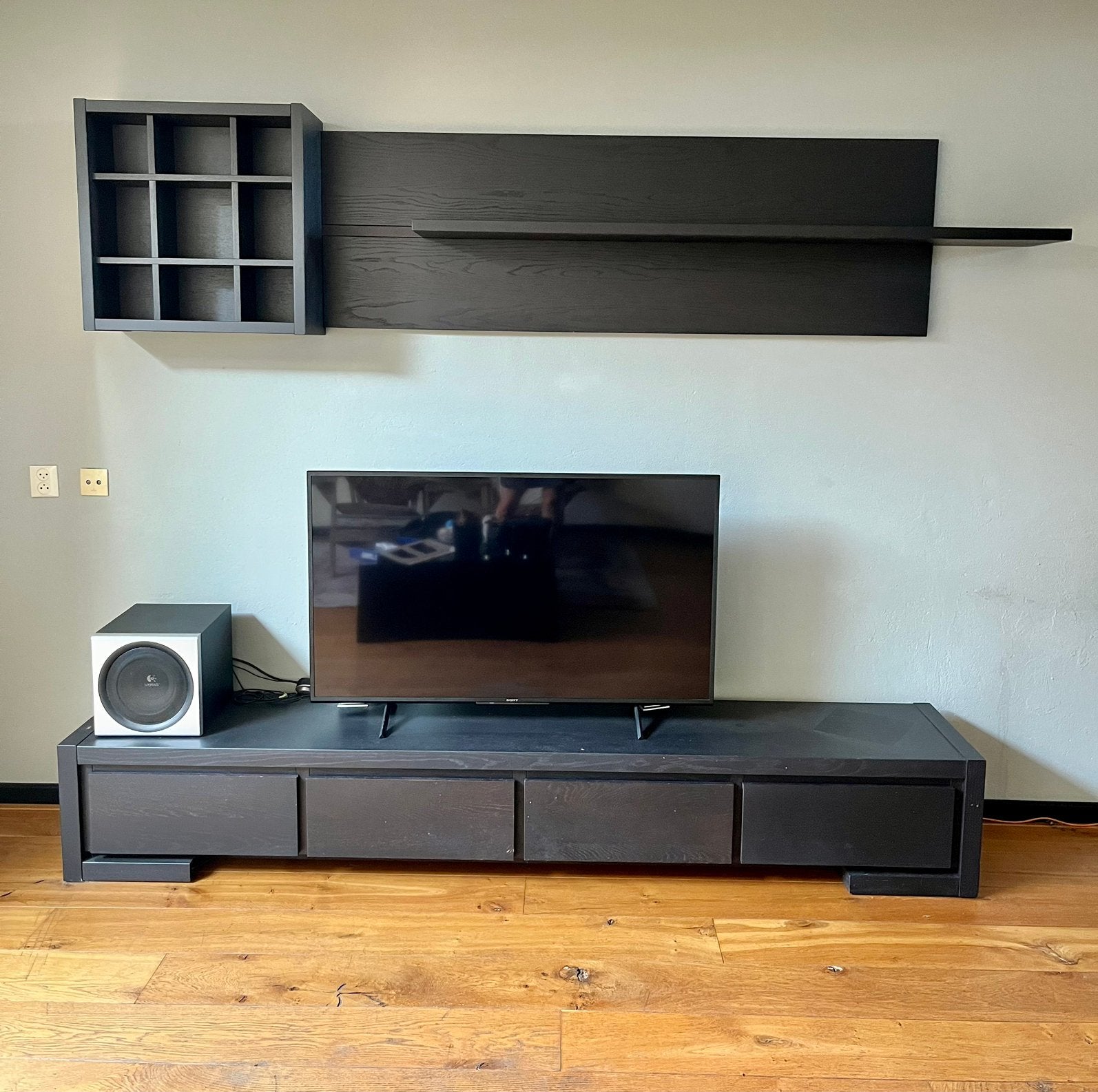 Casba Wonen Quba TV-meubel + wandpaneel + wandrek - Wengé, Ophalen, Gebruikt, Eikenhout, 200 cm of meer