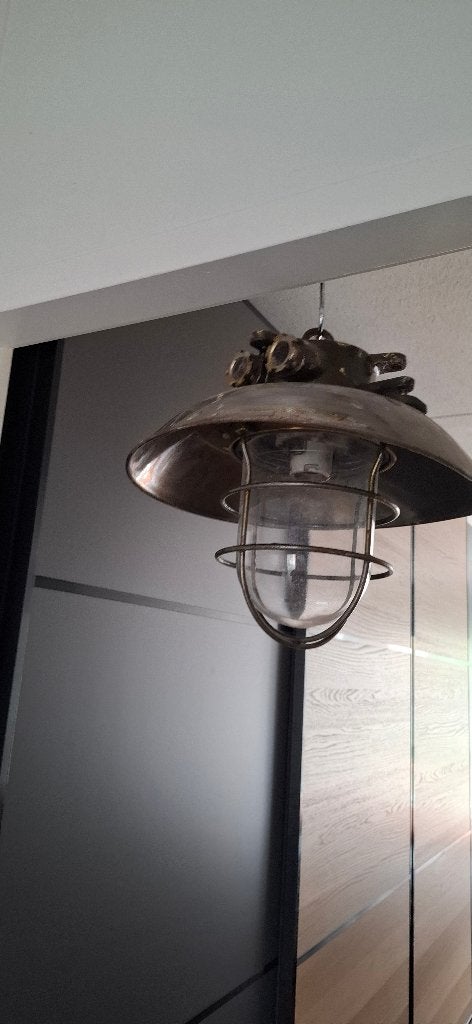 Vintage Marinelamp Hanglamp Messing, Schotelkap, Ex US Army, Ophalen of Verzenden