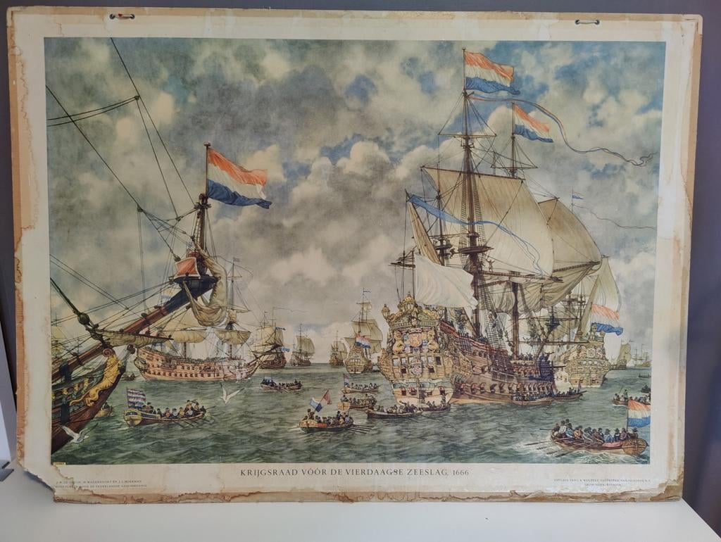Oude schoolplaat: Krijgsraad Vierdaagse Zeeslag 1666, Antiek en Kunst, Antiek | Schoolplaten, Geschiedenis, Ophalen of Verzenden