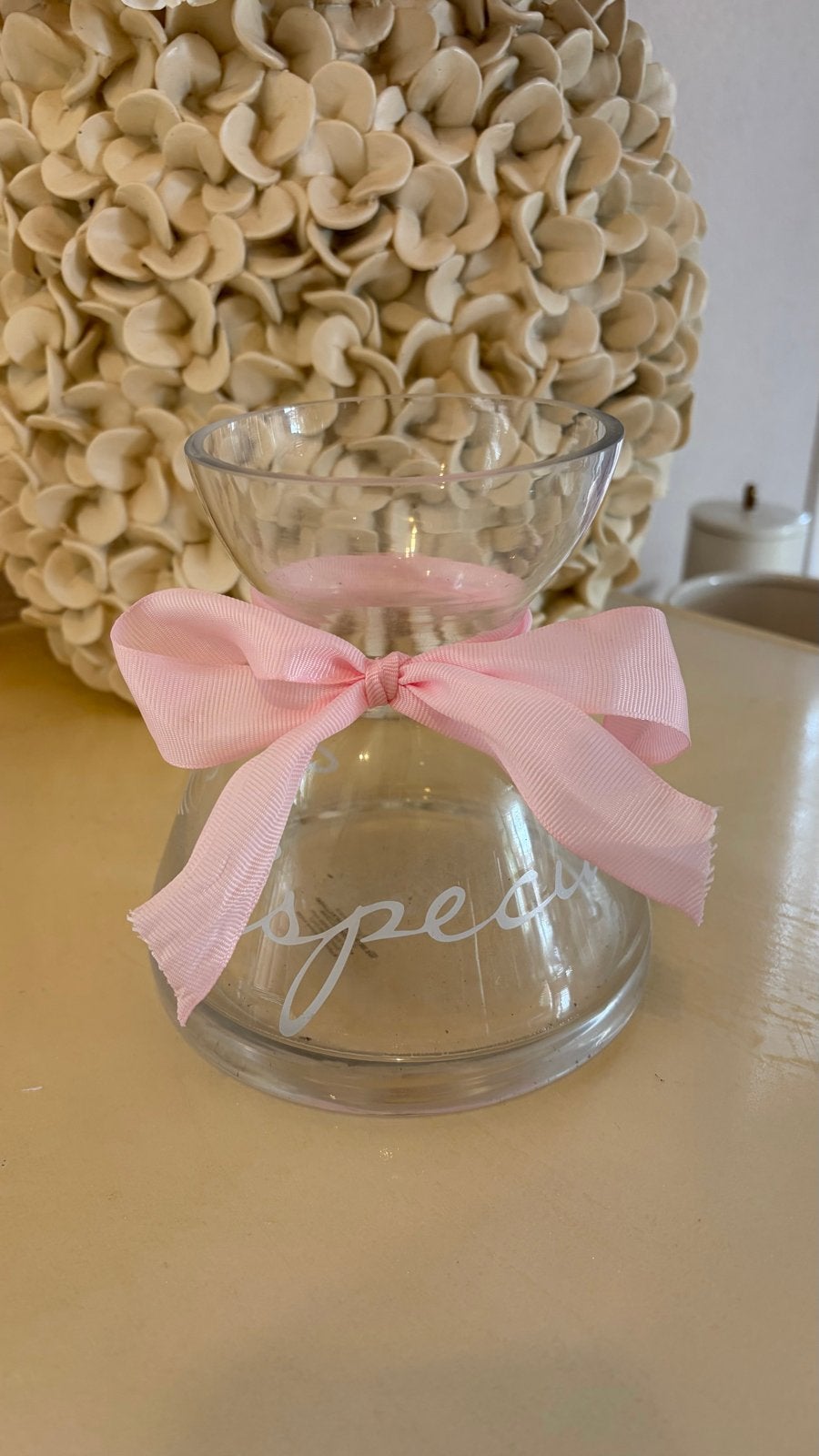 Riviera Maison glazen windlicht met roze lint, Ophalen of Verzenden, Zo goed als nieuw, Glas, Landelijk