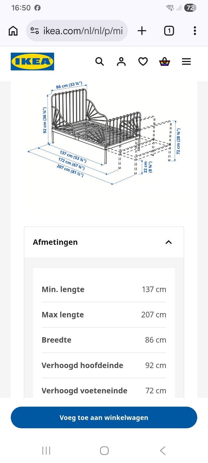 wit, metalen peuterbed (meegroei) voor maten zie foto, Kinderen en Baby's, Kinderkamer | Bedden, Gebruikt, 70 tot 85 cm, 140 tot 160 cm