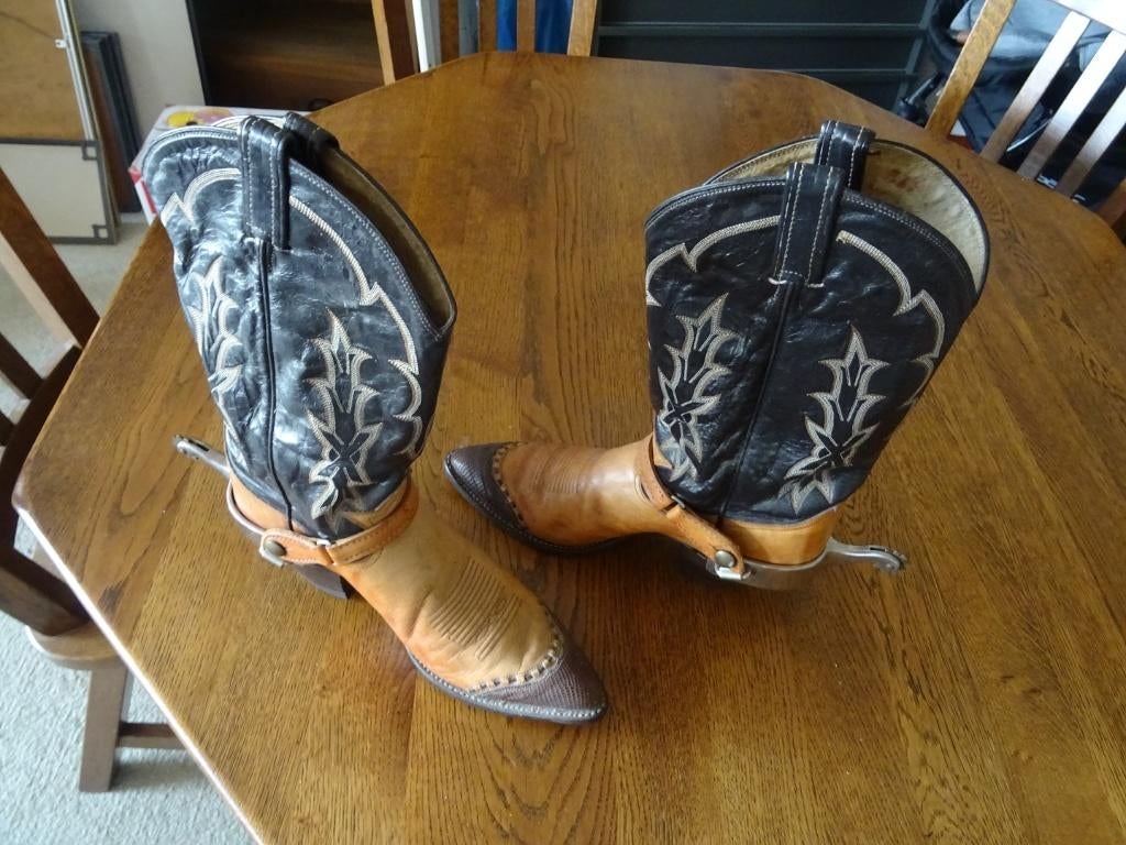 Vintage Tony Lama cowboy laarzen, maat 8=42 met sporen., Bruin, Boots, Ophalen of Verzenden, Gedragen