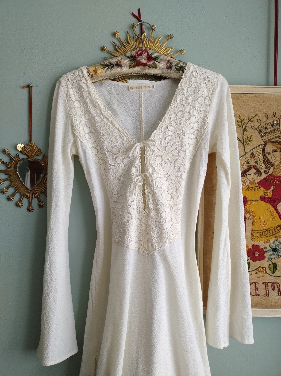 Ibiza gauze vintage boho jurk met kant strand beach M, Kleding | Dames, Maat 38/40 (M), Verzenden, Wit, Zo goed als nieuw