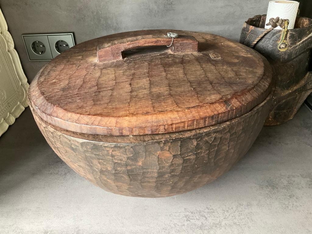 Grote Hoffz houten bowl kom sober landelijk met deksel, Ophalen of Verzenden, Zo goed als nieuw, Rond, Hout