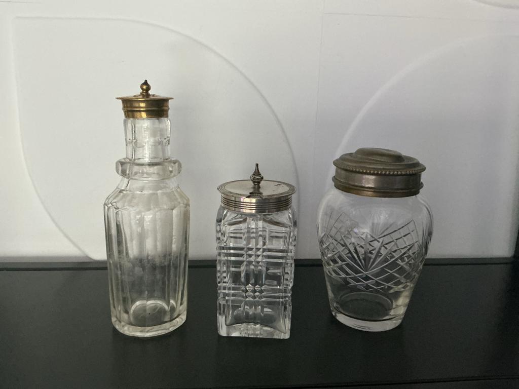 Set van 3 antieke glazen potten/flessen met metalen deksels, Ophalen of Verzenden