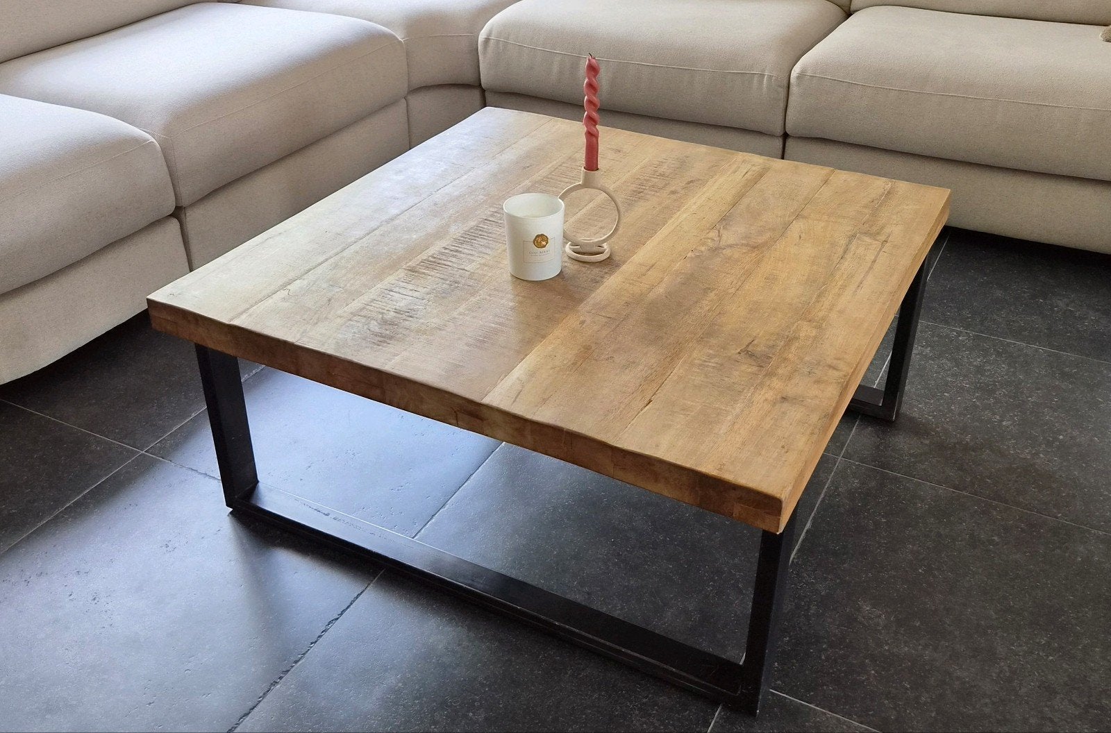 Robuuste salontafel 100x100 cm - Hout met metalen onderstel, Ophalen, Gebruikt, 50 tot 100 cm, Vierkant