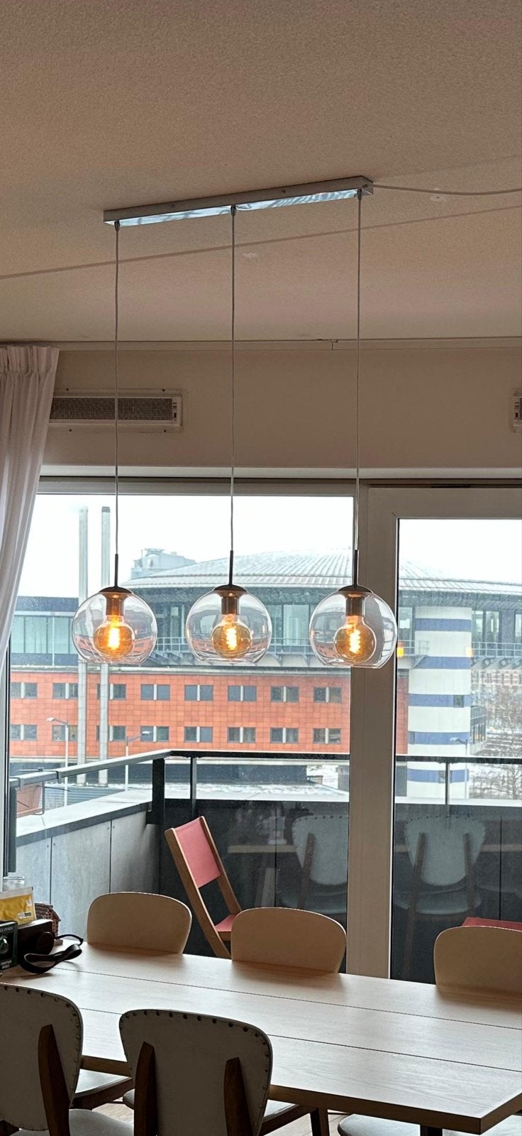 Moderne hanglamp met 3 glazen bollen - perfect voor eettafel, Ophalen, Gebruikt, Glas, E27 (groot)