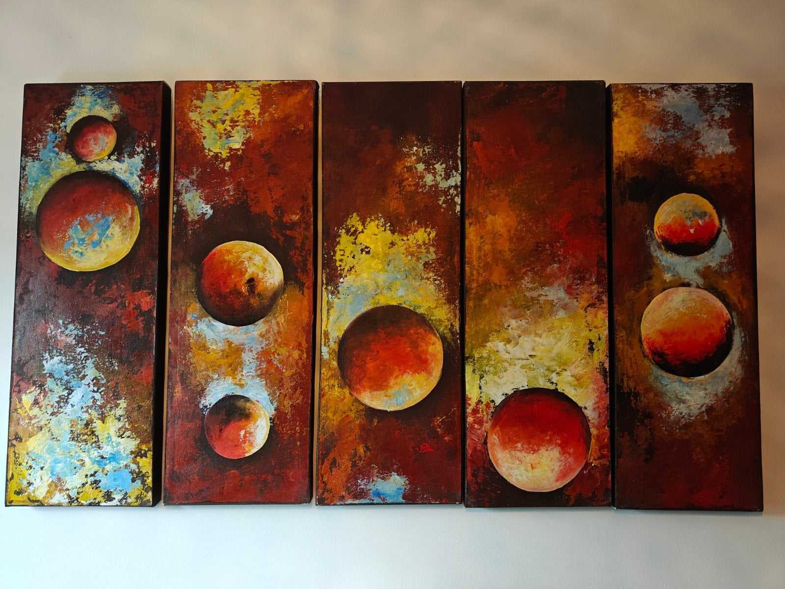 handgeschilderde planeetkunst - 5 luik., Ophalen, Abstract, Acrylverf, Hout