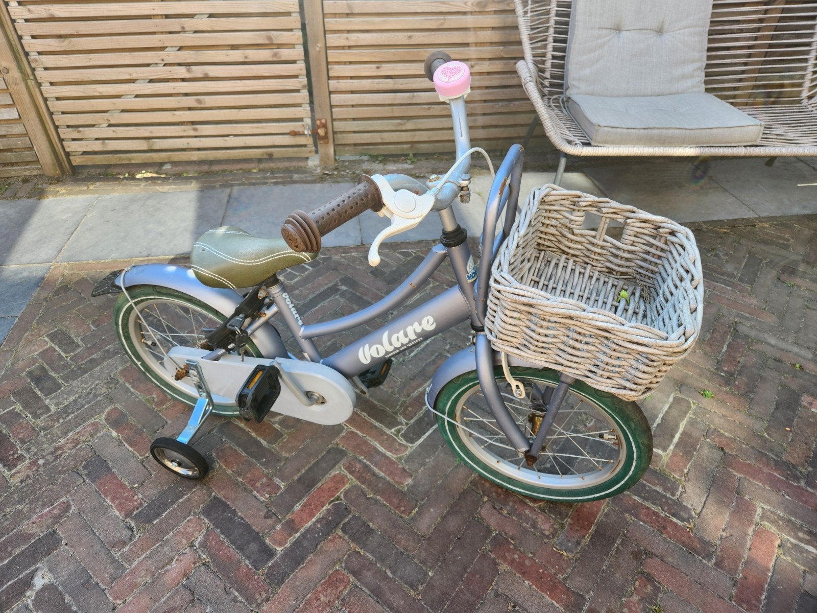 Volare kinderfiets met mandje en zijwieltjes, Ophalen, Terugtraprem, Zijwieltjes, Volare