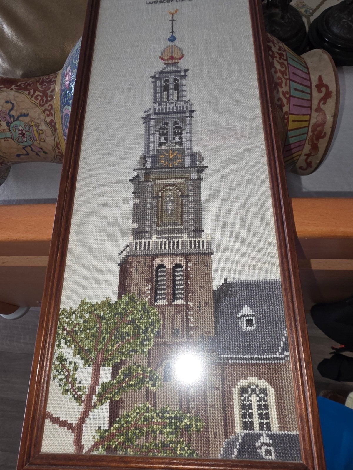 Westertoren Amsterdam kruissteek borduurwerk in lijst, 50 – 75, Minder dan 50 cm, Overige typen, Ophalen of Verzenden