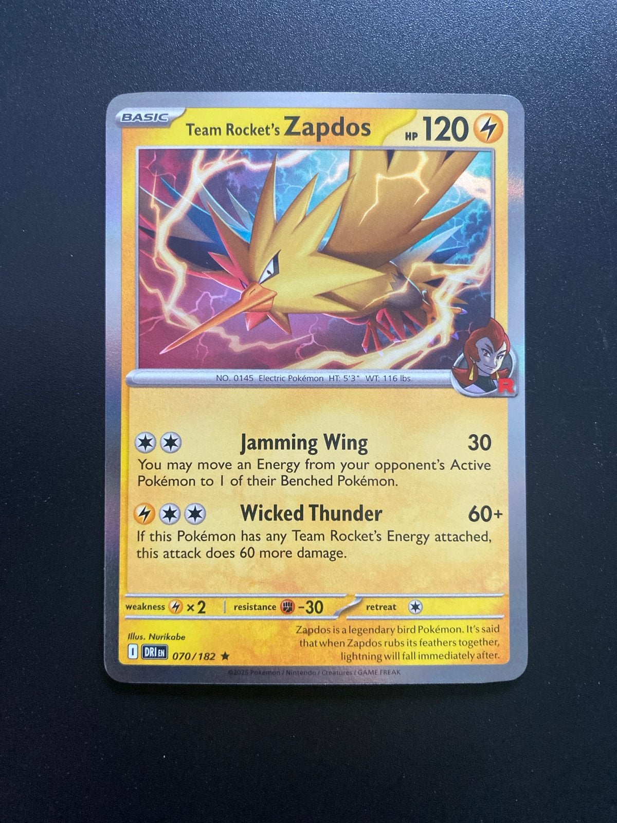 Team Rocket's Zapdos 070/182 Rare Holo Destined Rivals, Ophalen of Verzenden, Zo goed als nieuw, Losse kaart, Foil