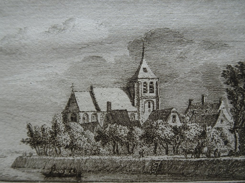 gravure kerk te Langerak in 1612 van Abraham Rademaker 1725, 1800 - 1899, Verzenden, Stadsgezicht, Gravure