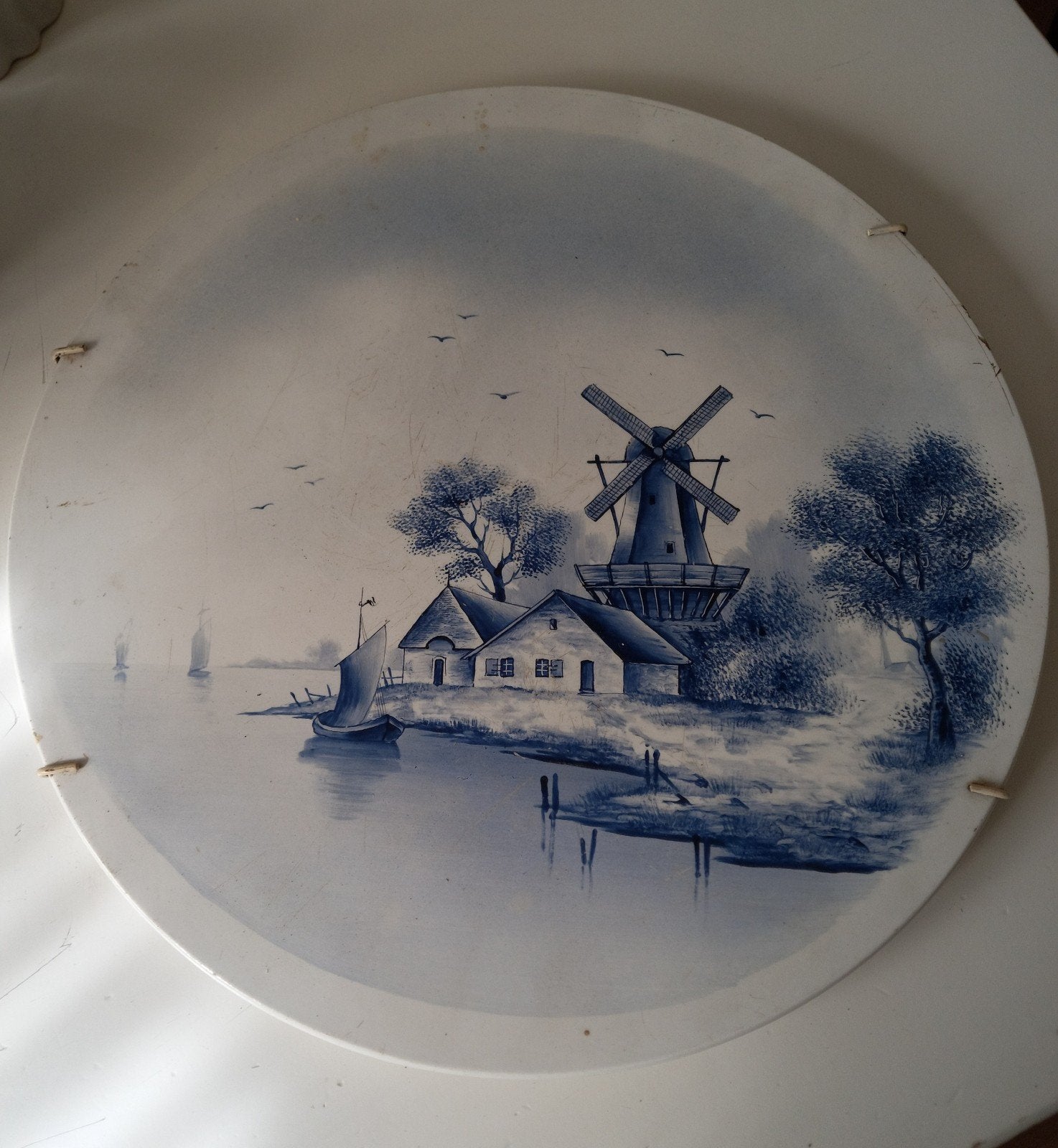 Delfts Blauw Wandbord - Hollandse Molen en Landschap, Ophalen