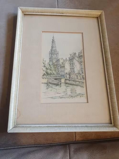 Litho met aquarel Zuiderkerk Amsterdam Henk Hoefman gesign, Ophalen