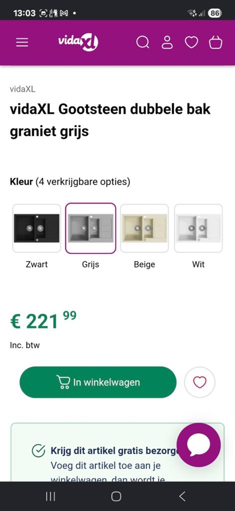 vidaXL Gootsteen dubbele bak graniet grijs, Nieuw, Ophalen of Verzenden, Steen/keramiek, Grijs
