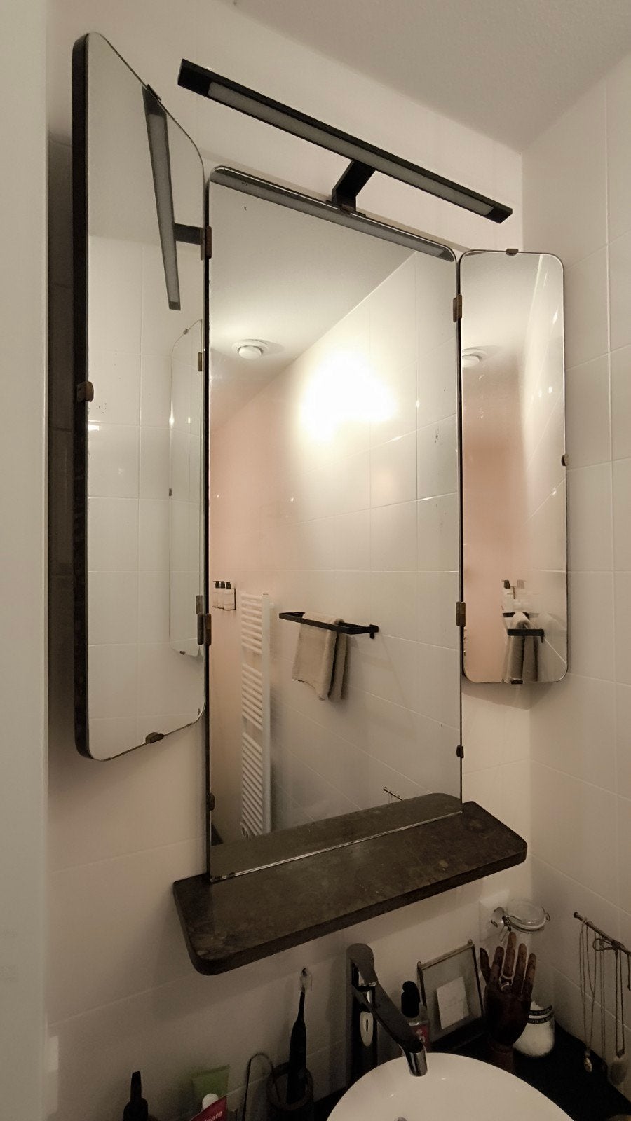 Vintage drieluik spiegel en plank excl. verlichting, Ophalen