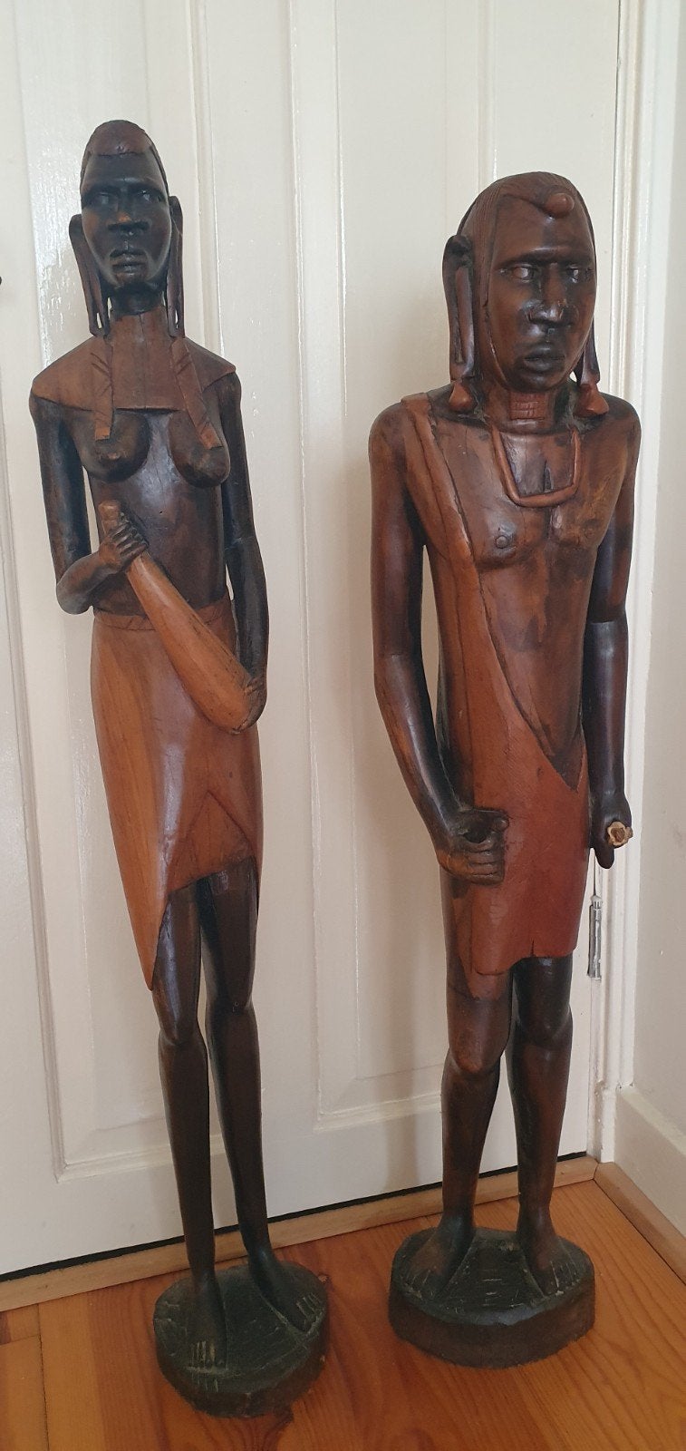 Twee grote houten Masai beelden - Man en Vrouw - Kenia, Handgemaakt, Beeld, Hout, Bruin