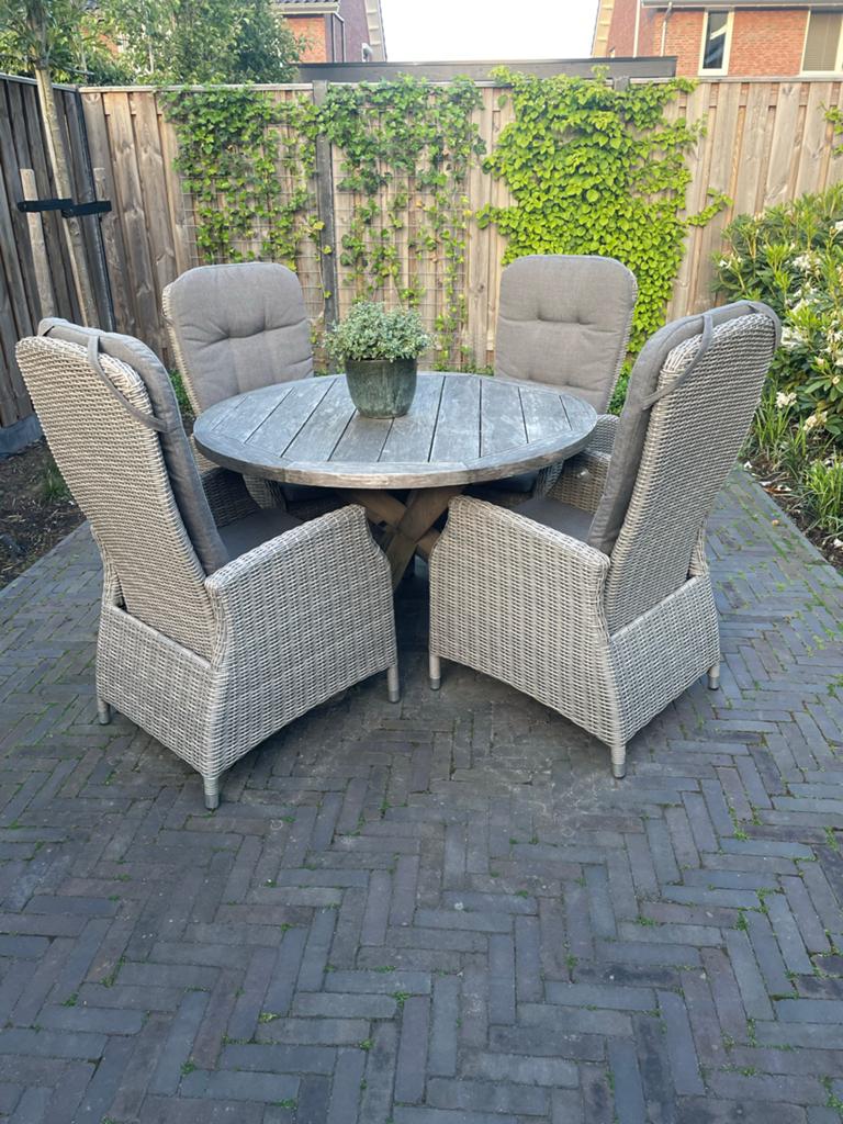 Ronde Tuinset met Houten Tafel en 4 Verstelbare Stoelen, Tuin en Terras, Ophalen, 4 zitplaatsen, Gebruikt, Eettafel