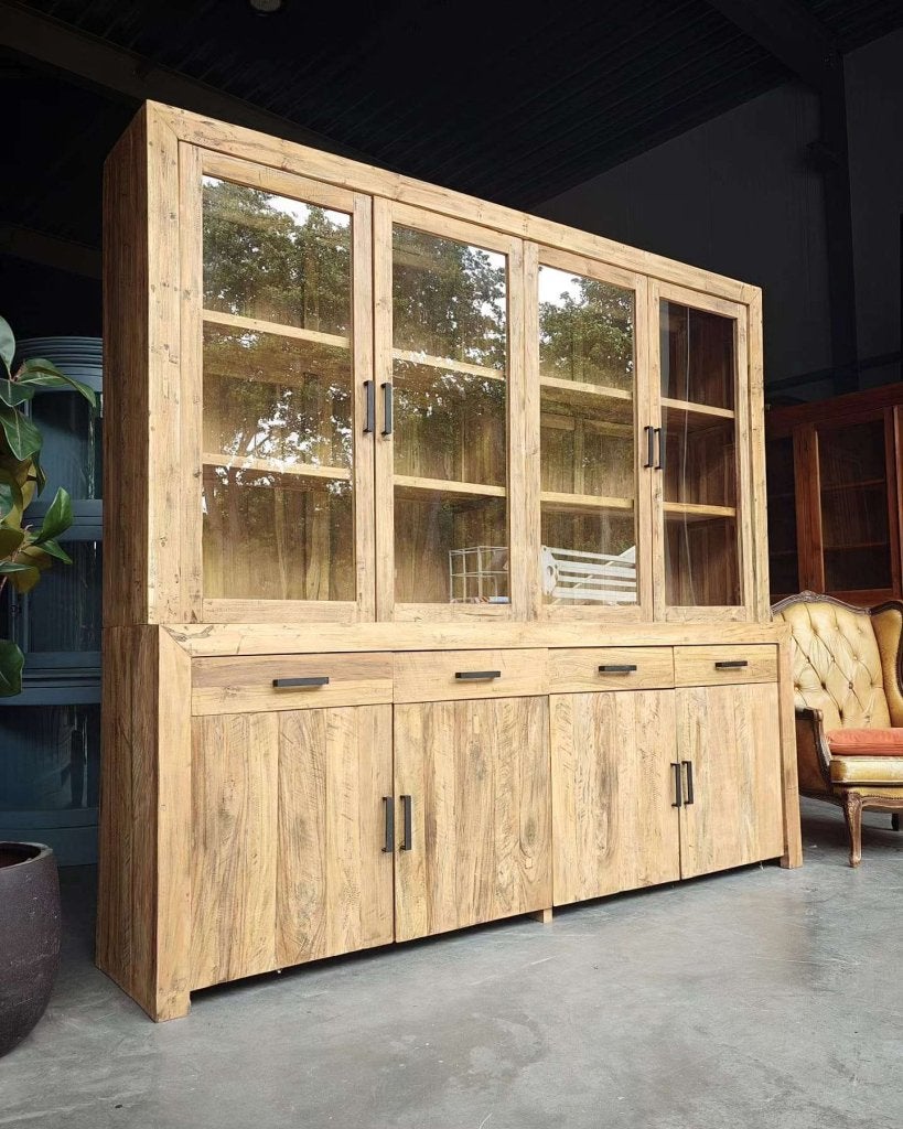Grote robuuste vitrinekast | Buffetkast reclaimed teak #7556, Gebruikt, Met deur(en), -, 200 cm of meer