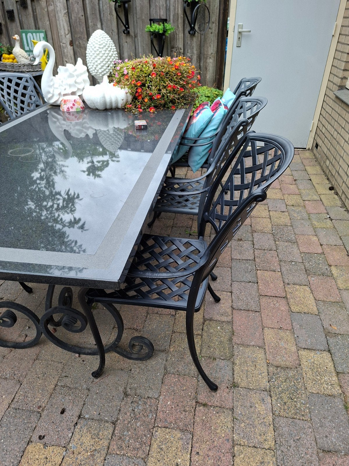 6 mooie aluminium zwarte tuinstoelen met donkergroen zitkus, Ophalen, Zo goed als nieuw, Aluminium