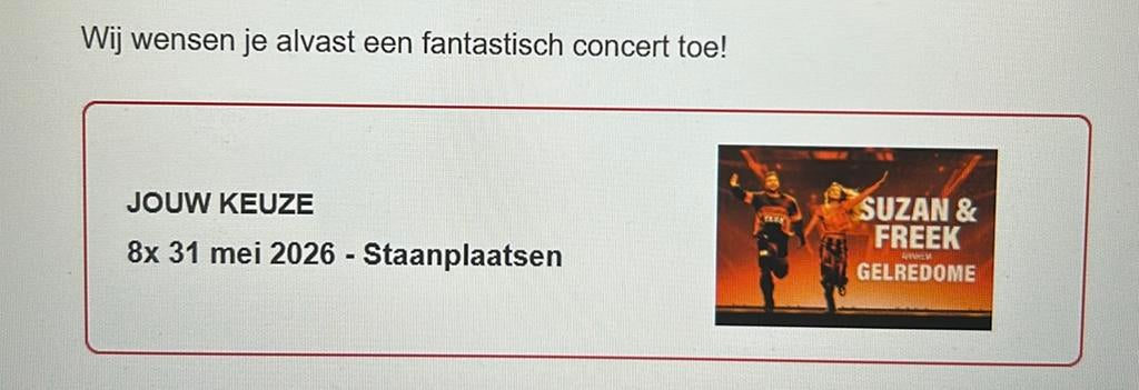 Postcodeloterij 8x kaartjes Suzan en Freek zondag 31-05-2026, Tickets en Kaartjes, Drie personen of meer, Mei