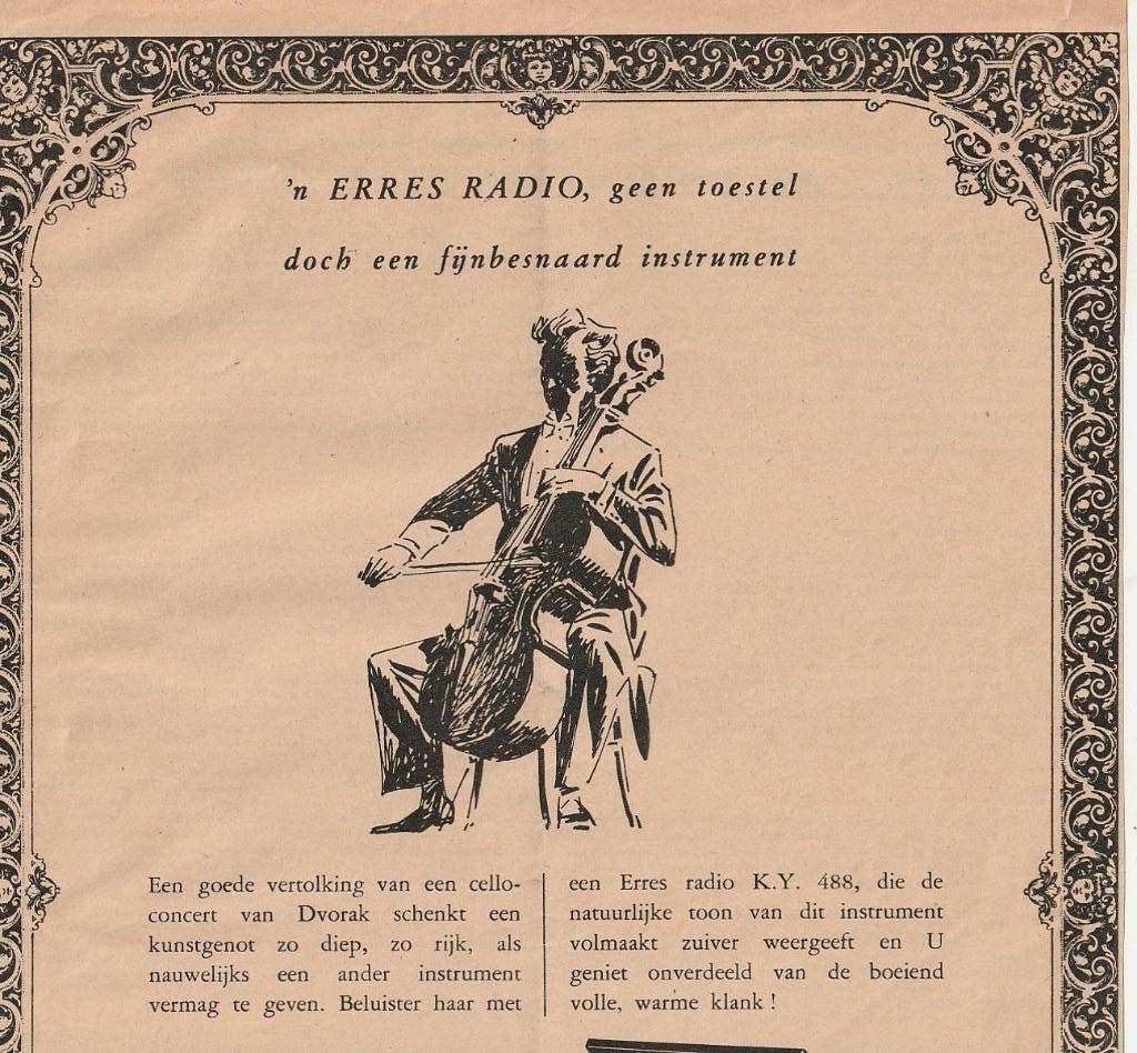 Retro reclame 1954 Erres radio muziekinstrument cello, Verzenden, Overige typen