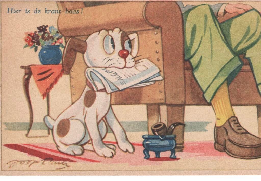 Hond brengt de krant illustrateur Joop D.., Ophalen of Verzenden, 1940 tot 1960, Gelopen, Overige thema's