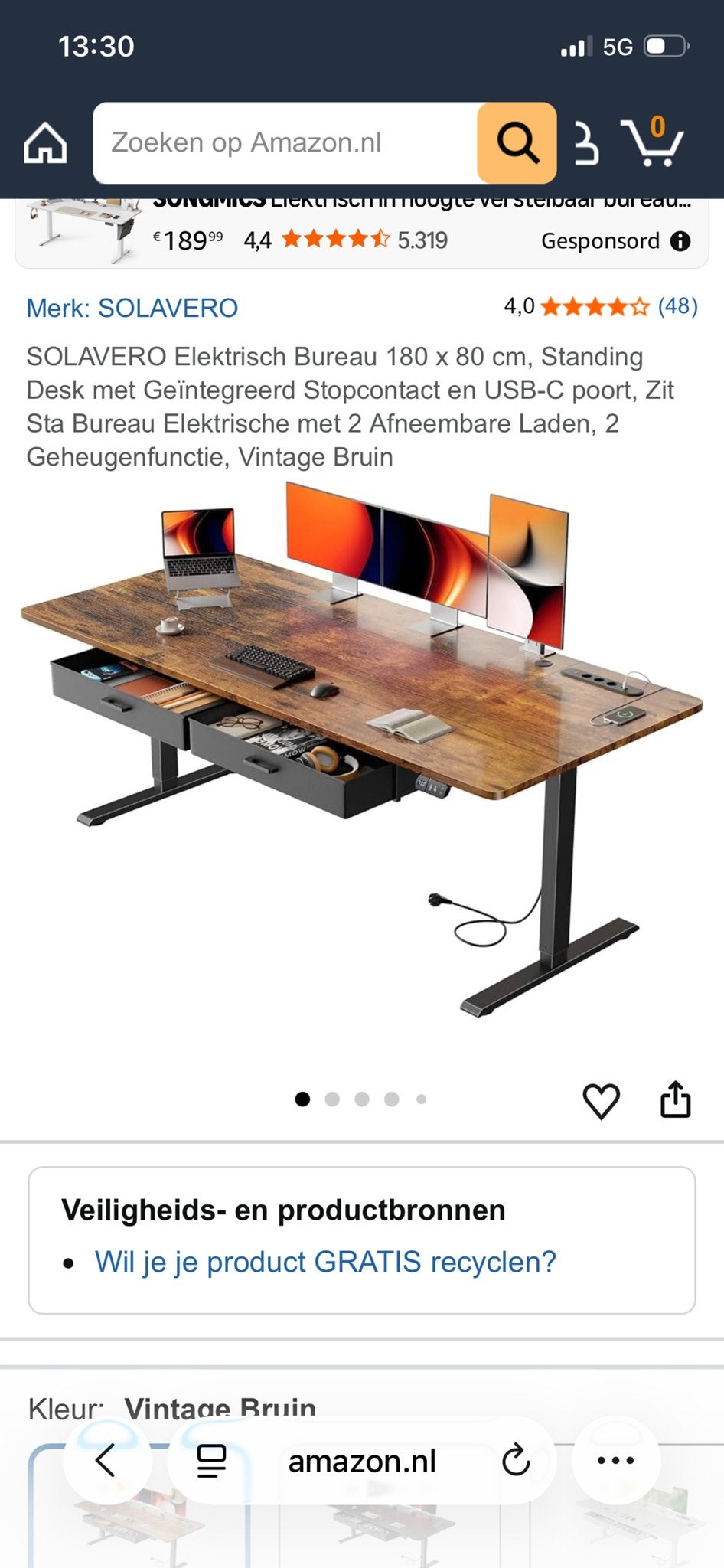SOLAVERO Elektrisch Bureau 180x80cm - Vintage Bruin, Huis en Inrichting, Ophalen, Nieuw