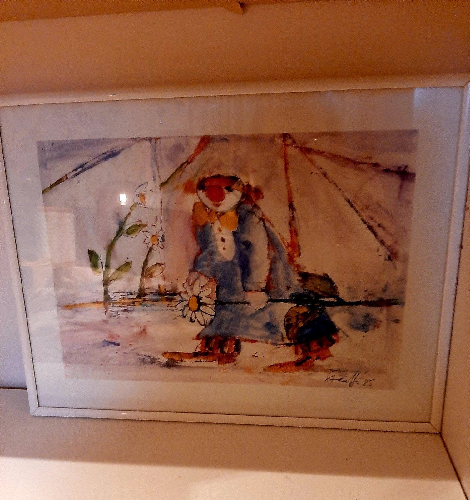 Ingelijste aquarel: Clown met bloem en paraplu, Ophalen of Verzenden