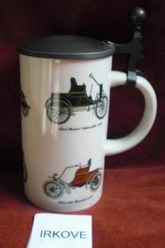 PULL MET TINNEN DEKSEL EN OLDTIMERS * Porselein *, Verzenden, Zo goed als nieuw, Bierglas