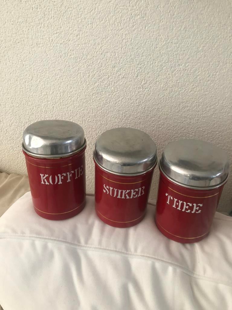 Oude emaille koffie suiker en thee bussen, Antiek en Kunst, Ophalen of Verzenden