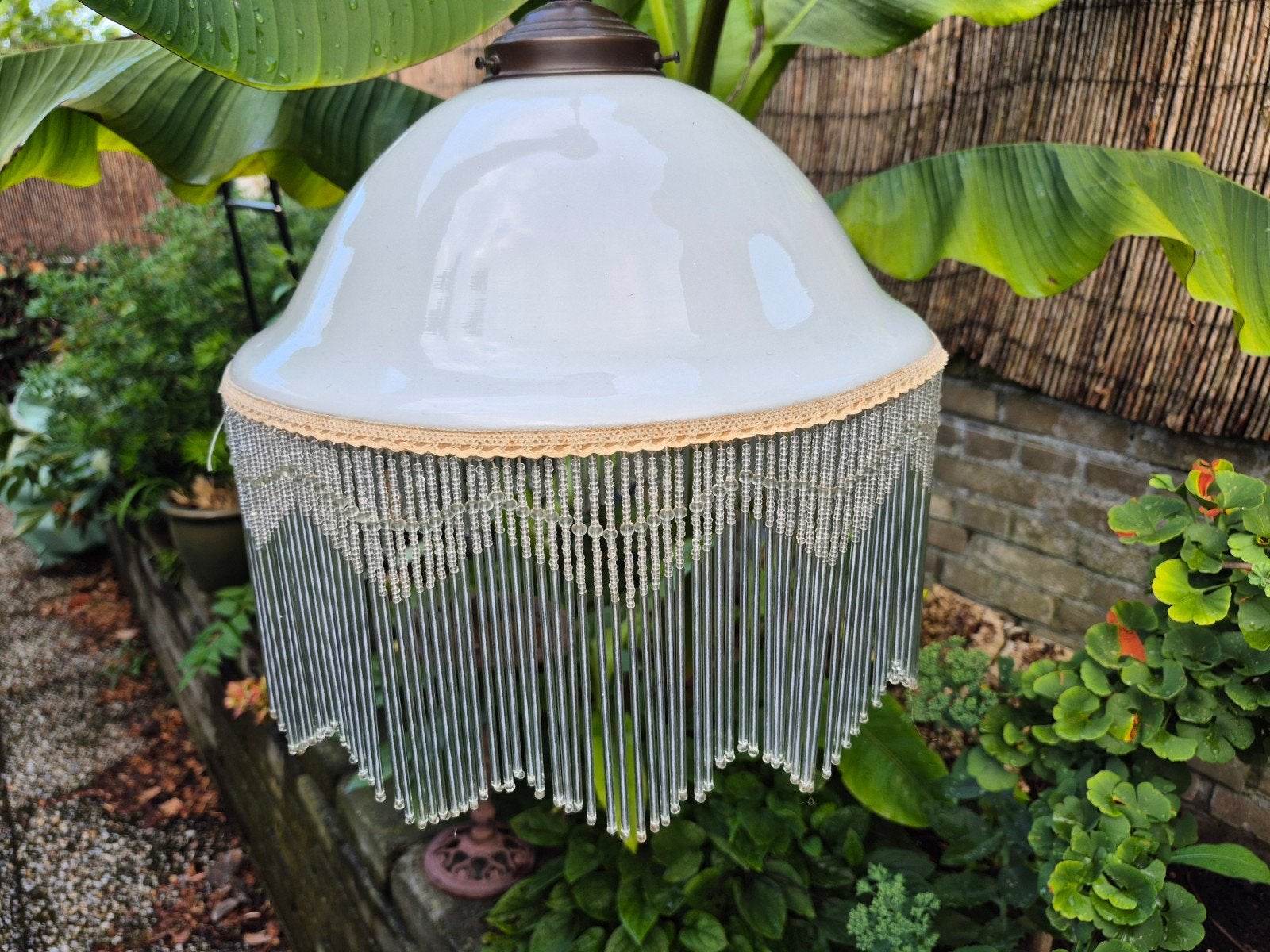 antieke art deco Jugendstil hanglamp melkglas kralen brons, Ophalen