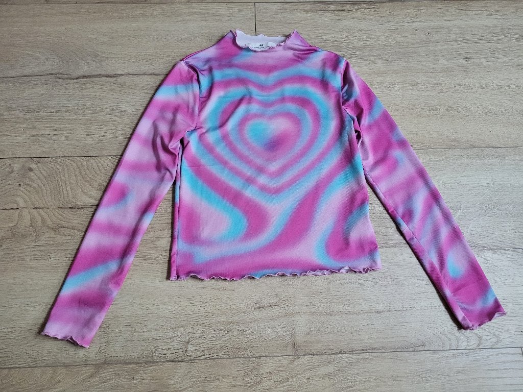 H&M roze blauw retro print shirt maat 134/140 ~ SJ2042, Kinderen en Baby's, Kinderkleding | Maat 134, Meisje, H&M, Ophalen of Verzenden