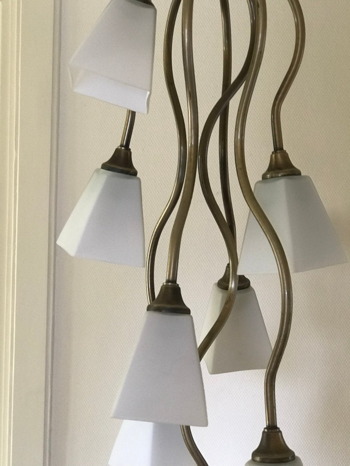 Vintage hanglamp met 8 glazen kappen - Art Deco stijl, Ophalen, Gebruikt, Glas, E14 (klein)