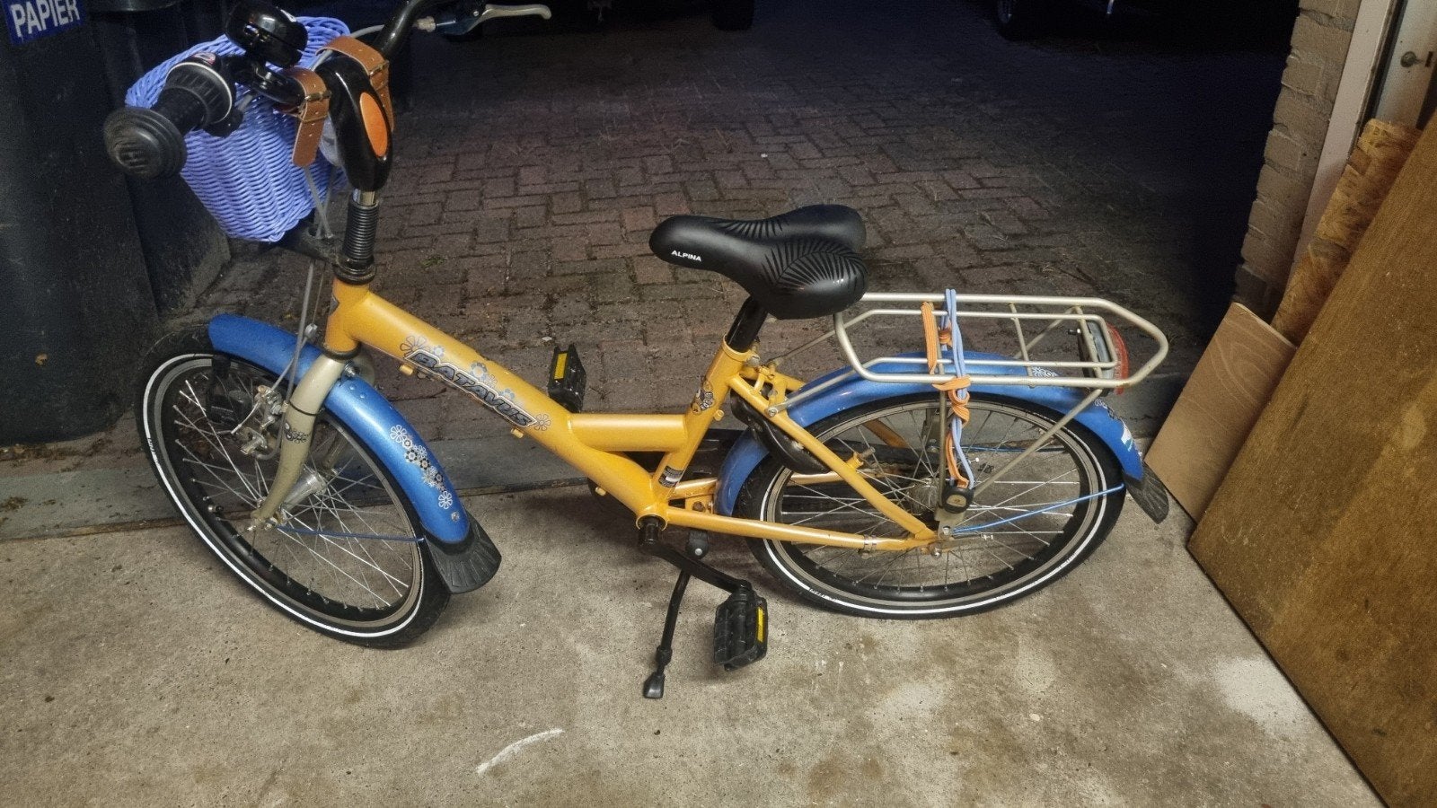 Kinderfiets 20 inch met mandje en bagagedrager, Ophalen, 20 inch of meer, Gebruikt, Onbekend