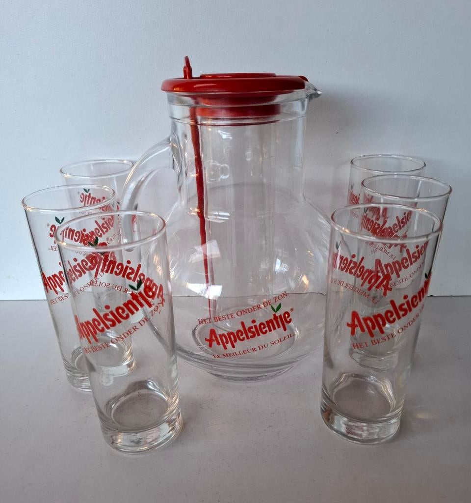 VINTAGE APPELSIENTJE SET "BORMIOLI", schenkkan en glazen, 80, Ophalen of Verzenden, Zo goed als nieuw, Frisdrankglas