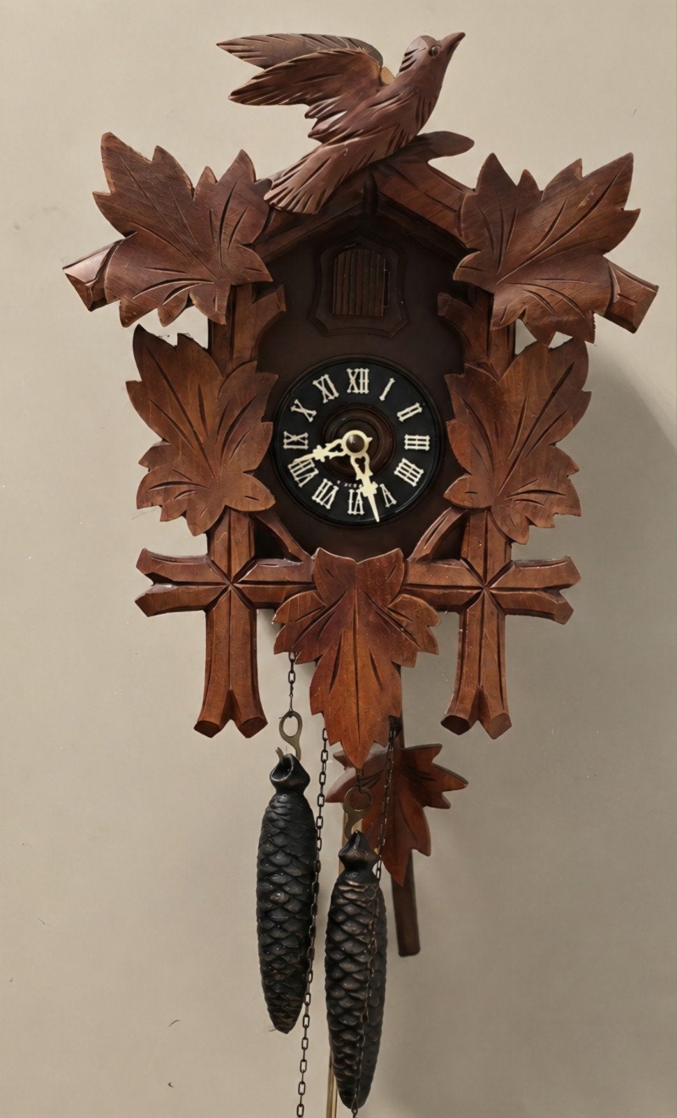 Vintage Koekoeksklok - Houten Wandklok met Bladmotief, Ophalen of Verzenden