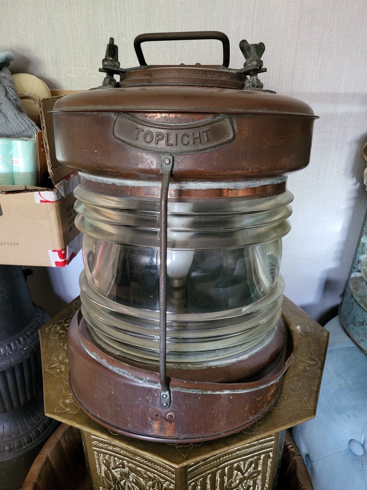 Mooie koperen toplicht met lamp (snoer en reparatie nodig), Ophalen of Verzenden, Koper