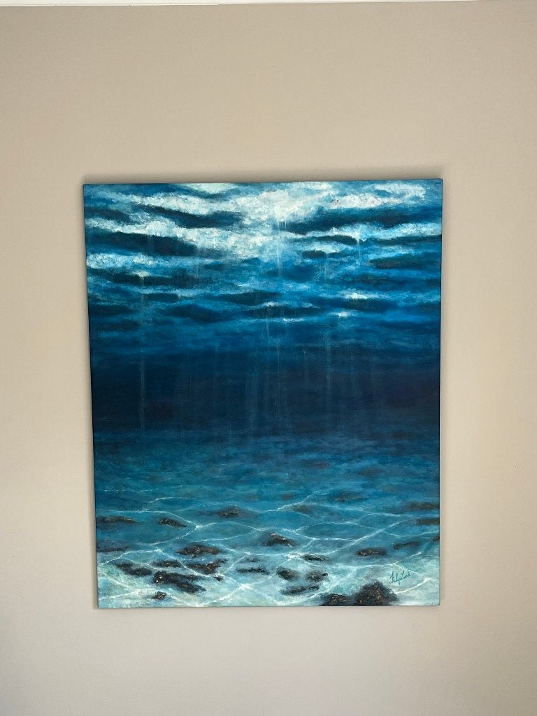 Felipe Costa Mindful Dive 130x100 cm origineel, Landschap, Gesigneerd, Ophalen of Verzenden, Gemengde techniek