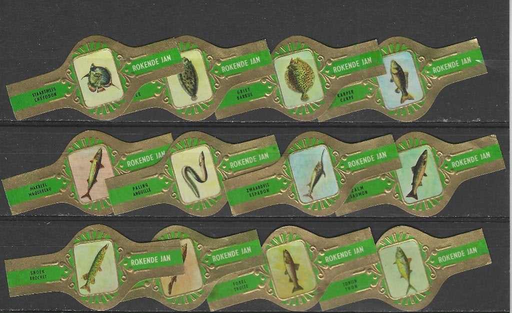 reeks 2567  vissen  1-12  sigarenbanden, Verzamelen, Ophalen of Verzenden, Zo goed als nieuw, Sigarenbandjes