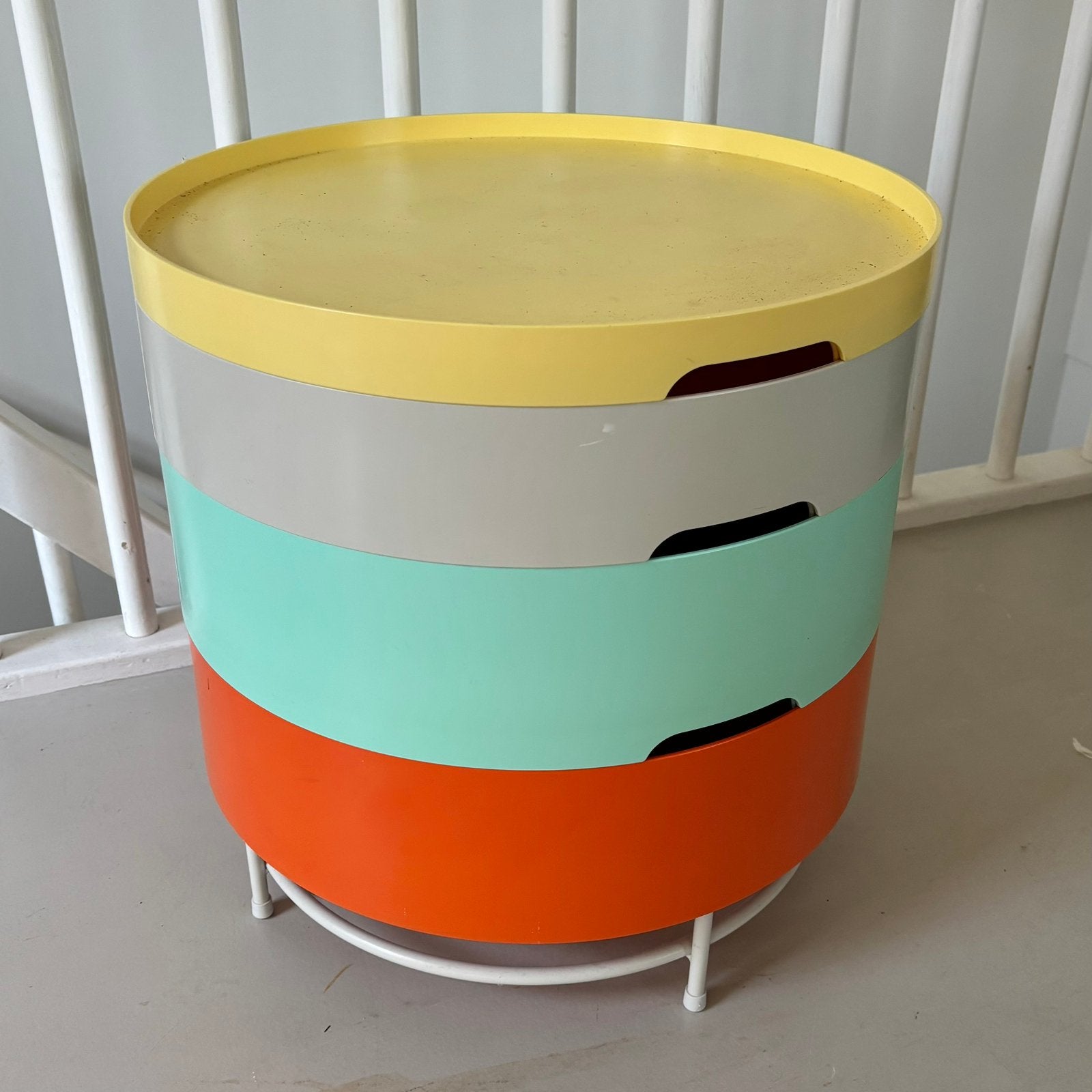Vintage IKEA PS 2014 bijzettafel / opberger – kleurrijk, Minder dan 55 cm, Rond, Zo goed als nieuw, Ophalen