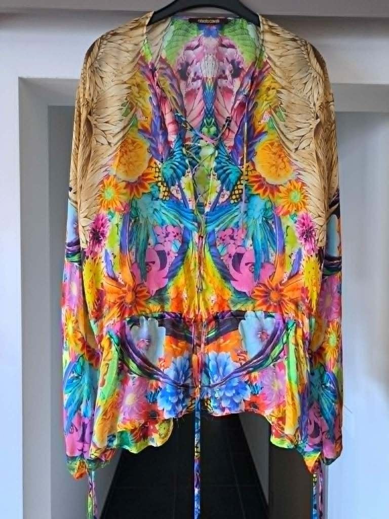 Roberto Cavalli Zijden Blouse met Tropische Print, 40/42, Maat 38/40 (M), Meerkleurig, Ophalen of Verzenden, Zo goed als nieuw